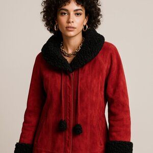 Vintage Red Suede Coat with Black Fur Trim Women’s Winter Jacket Size 40